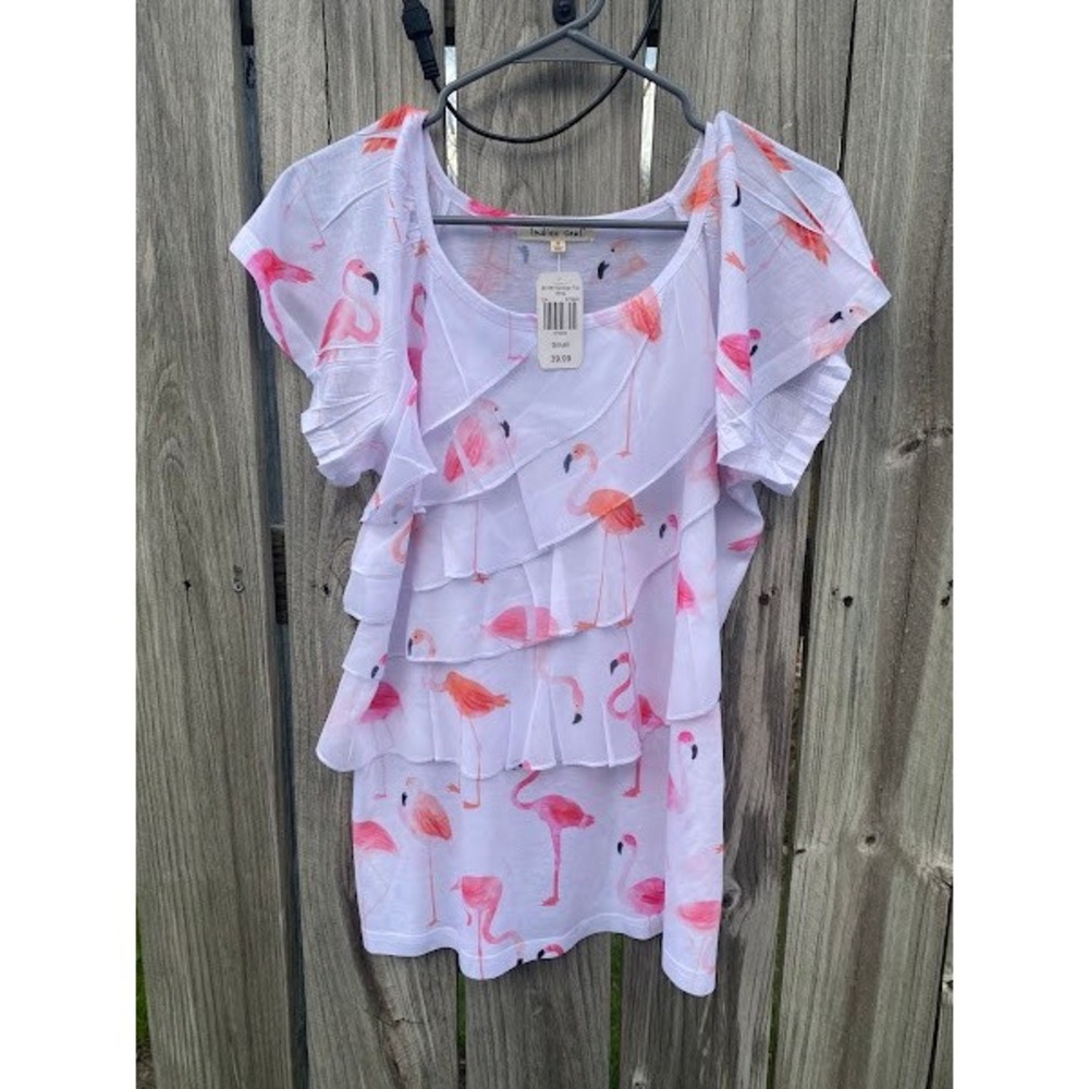 Indigo Soul Womens Pink Flamingo‎ Ruffle Tiered Top White Short Sleeve Small NEW